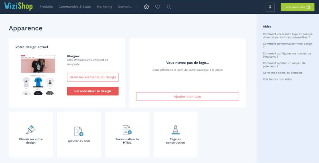 WIZISHOP INTERFACE DE TRAVAIL POUR CREER SA BOUTIQUE
