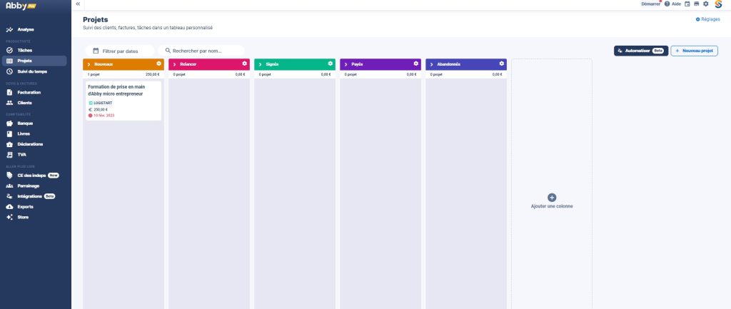 Abby, application de gestion de projet pour auto entrepreneur